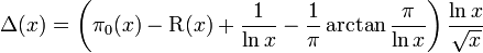 \Delta(x) = \left( \pi_{0}(x) - \mathrm{R}(x) + \frac{1}{\ln x} - \frac{1}{\pi}\arctan\frac{\pi}{\ln x} \right) \frac{\ln x}{\sqrt x}