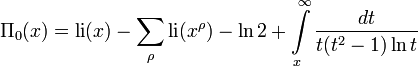 \Pi_{0}(x) = \mathrm{li}(x) - \sum_{\rho}\mathrm{li}(x^{\rho}) - \ln 2 + \int\limits_x^\infty \frac{dt}{t(t^2-1) \ln t}